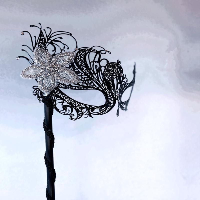 Swan Rhinestone Handheld Mask - Silver Brooch