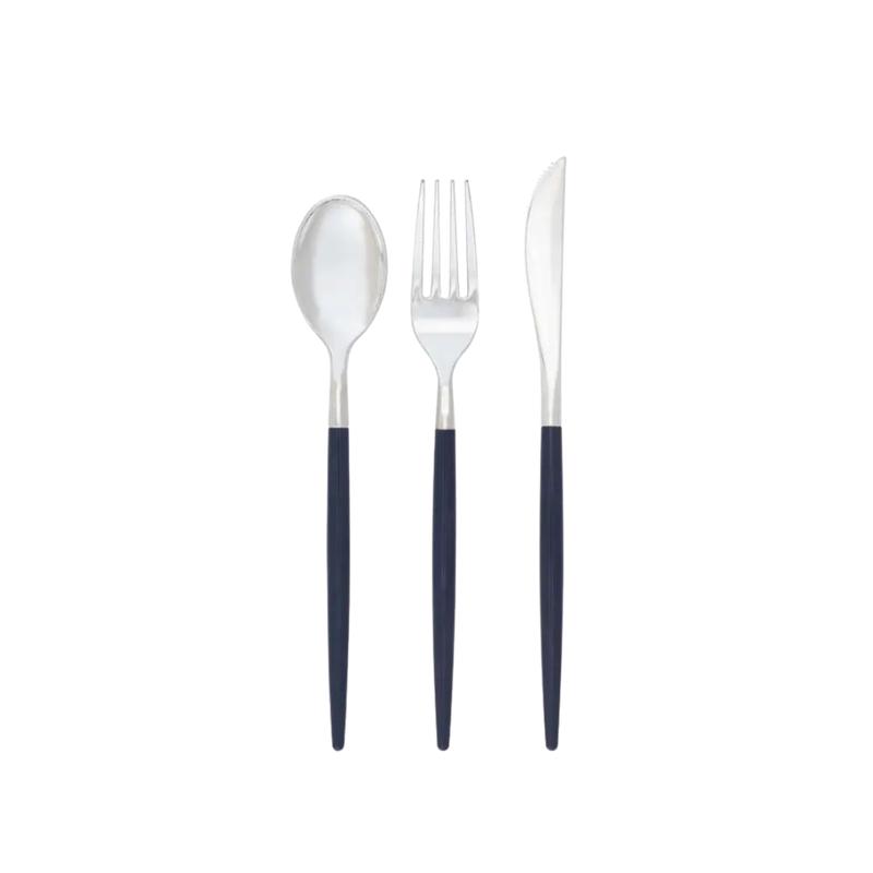 Navy and Silver Chic Plastic Cutlery Set - 32 pcs