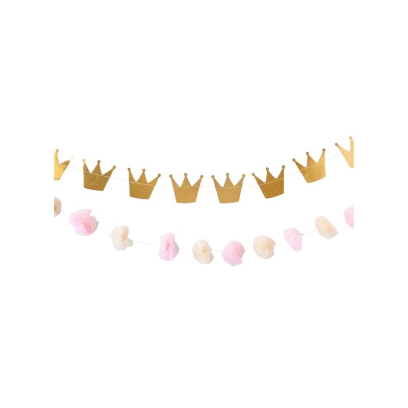 Pink and Gold Princess Crowns and Pom Pom Tulle Banner