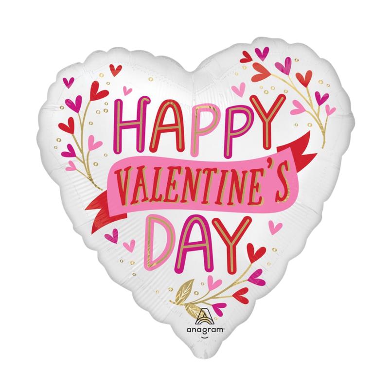 White with Pink Satin Botanical Traces Valentine Foil Balloon, 18in
