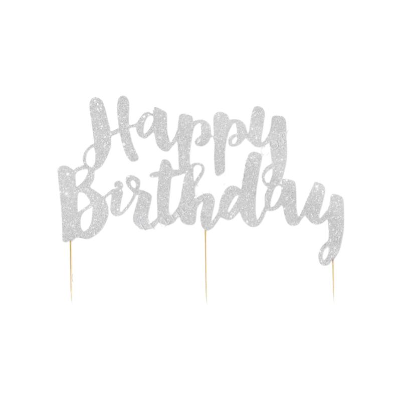Silver Glitter \"Happy Birthday\" Cake Topper