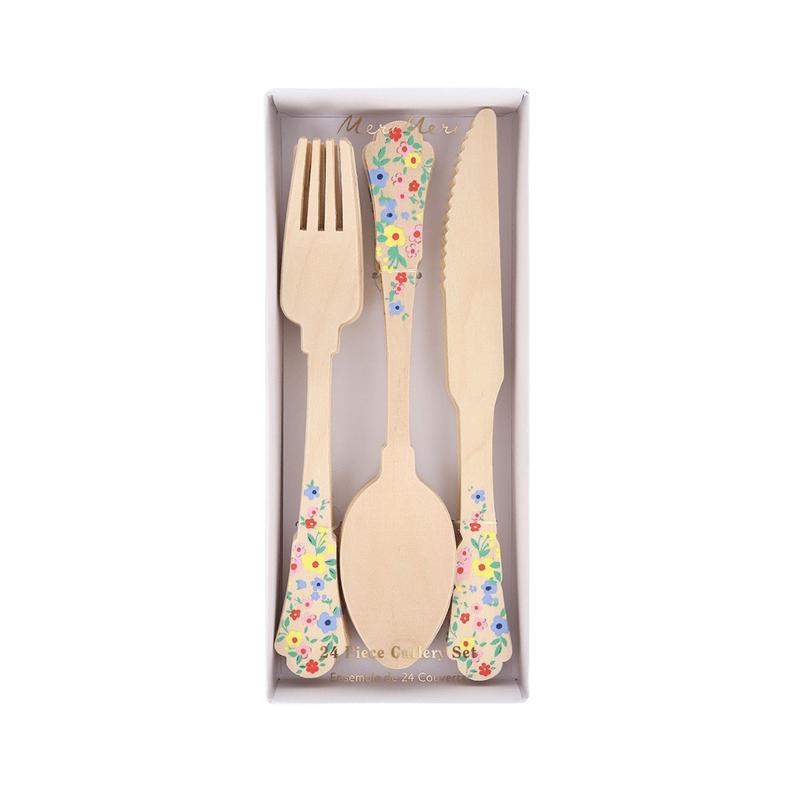 Elegant Floral Wooden Cutlery Set - 24pcs