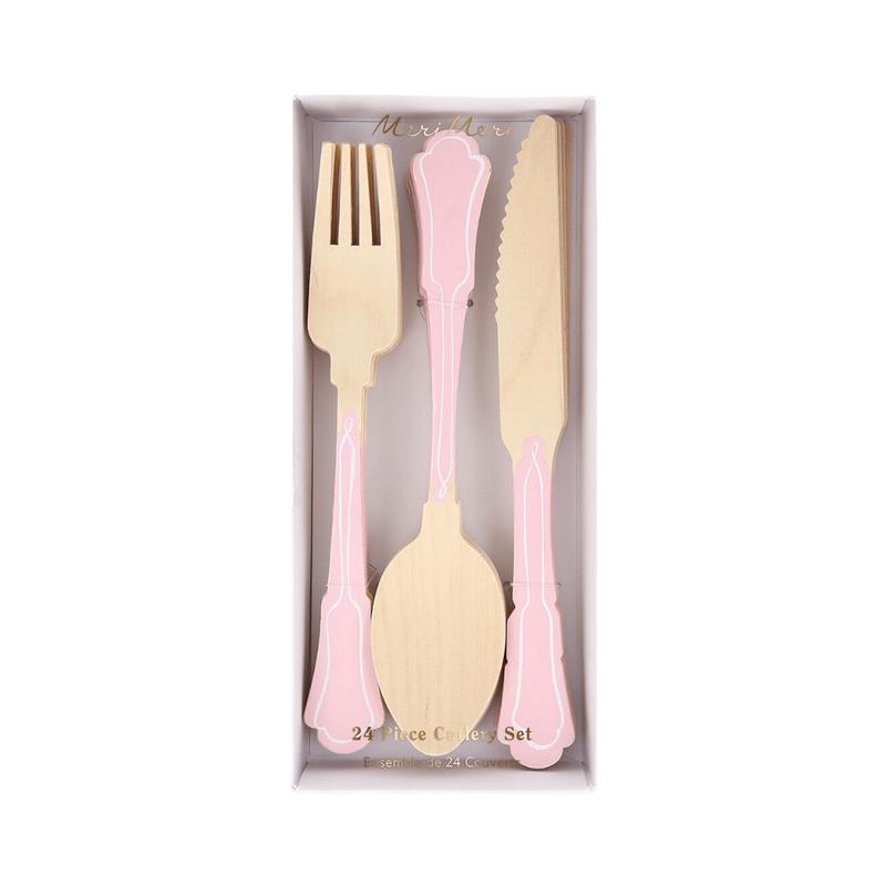 Elegant Pink Wooden Cutlery Set - 24pcs