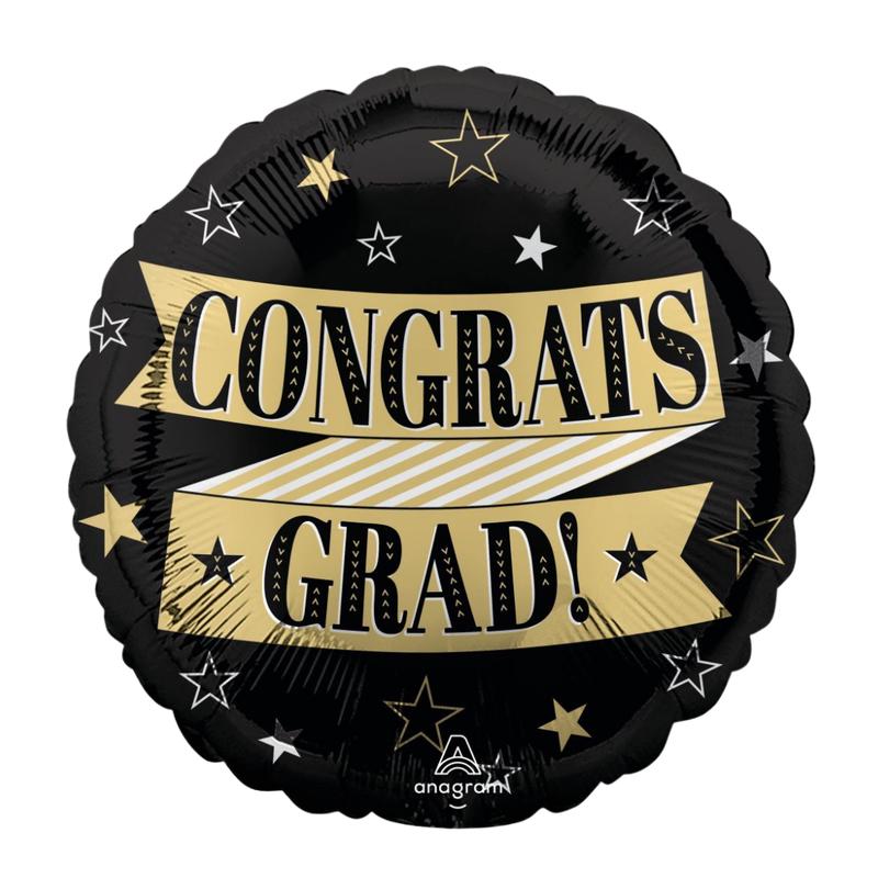 Black and Gold Stars Congrats Grad Foil Balloon, 18in
