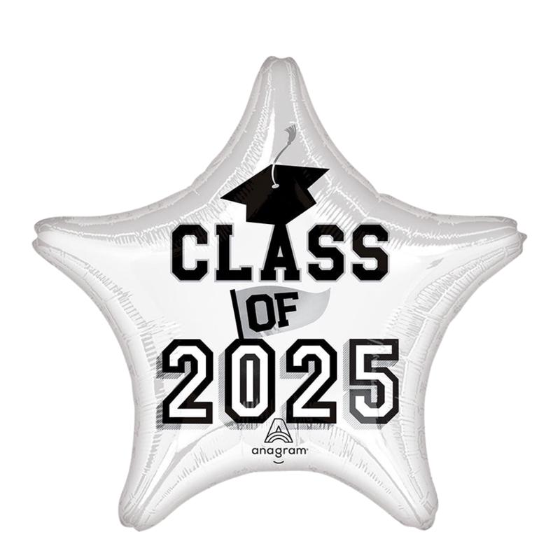 White with Black Class of 2025 Star Foil Balloon, 18in
