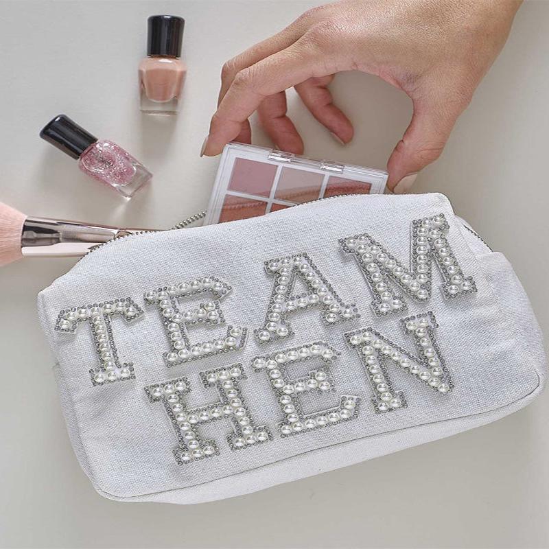 Embellished Pearl \'Team Hen\' Makeup Bag - 20cm x 12cm