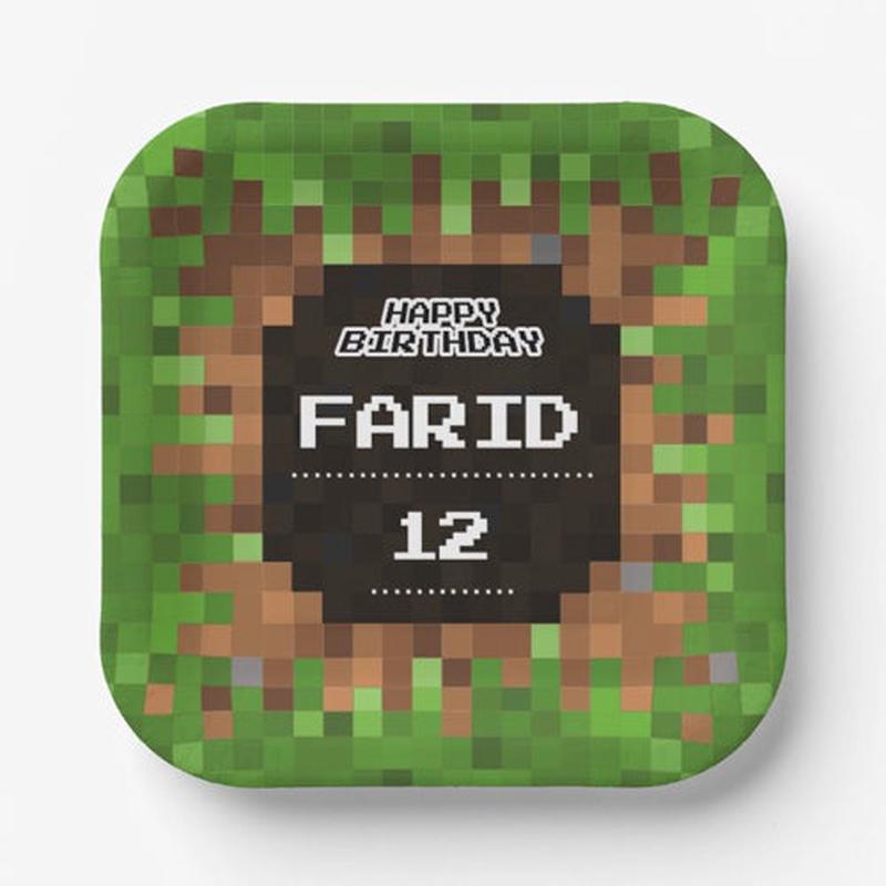 Personalized Pixel Craft Party Plates - 8 Pack