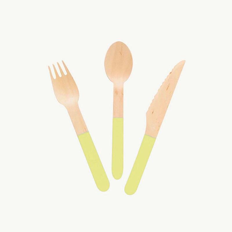 Pastel Yellow Wooden Utensils - Spoon, Fork, Knife (Set of 24)