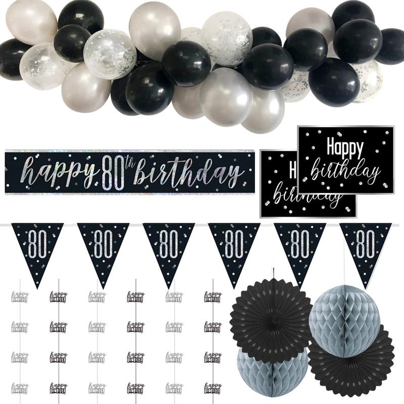80th Birthday Black & Silver Glitz Decoration Pack