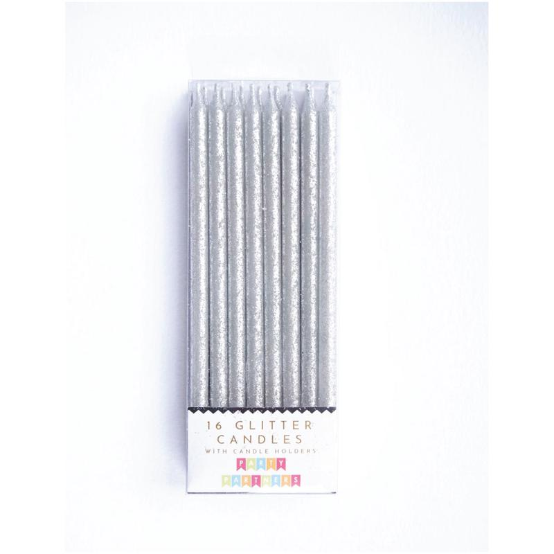 Tall Silver Glitter Birthday Candles 16ct